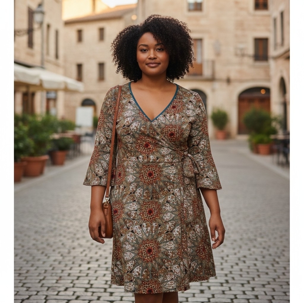 Cato 3/4 Sleeve Geometric Print Side Tie Faux Wrap Dress